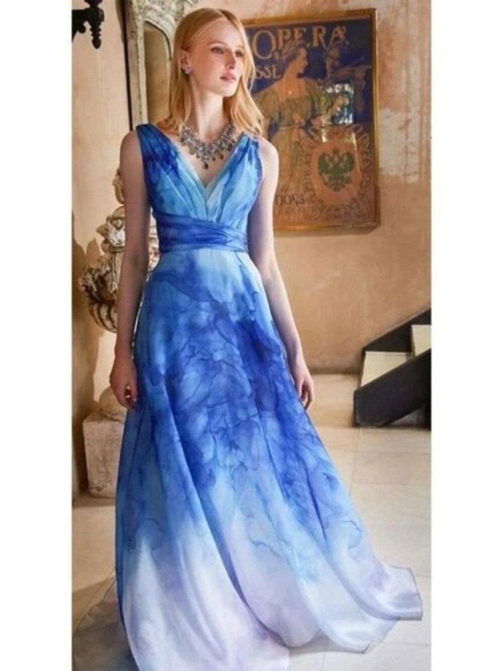 Marchesa Notte Watercolor Printed organza gown with draped bodice